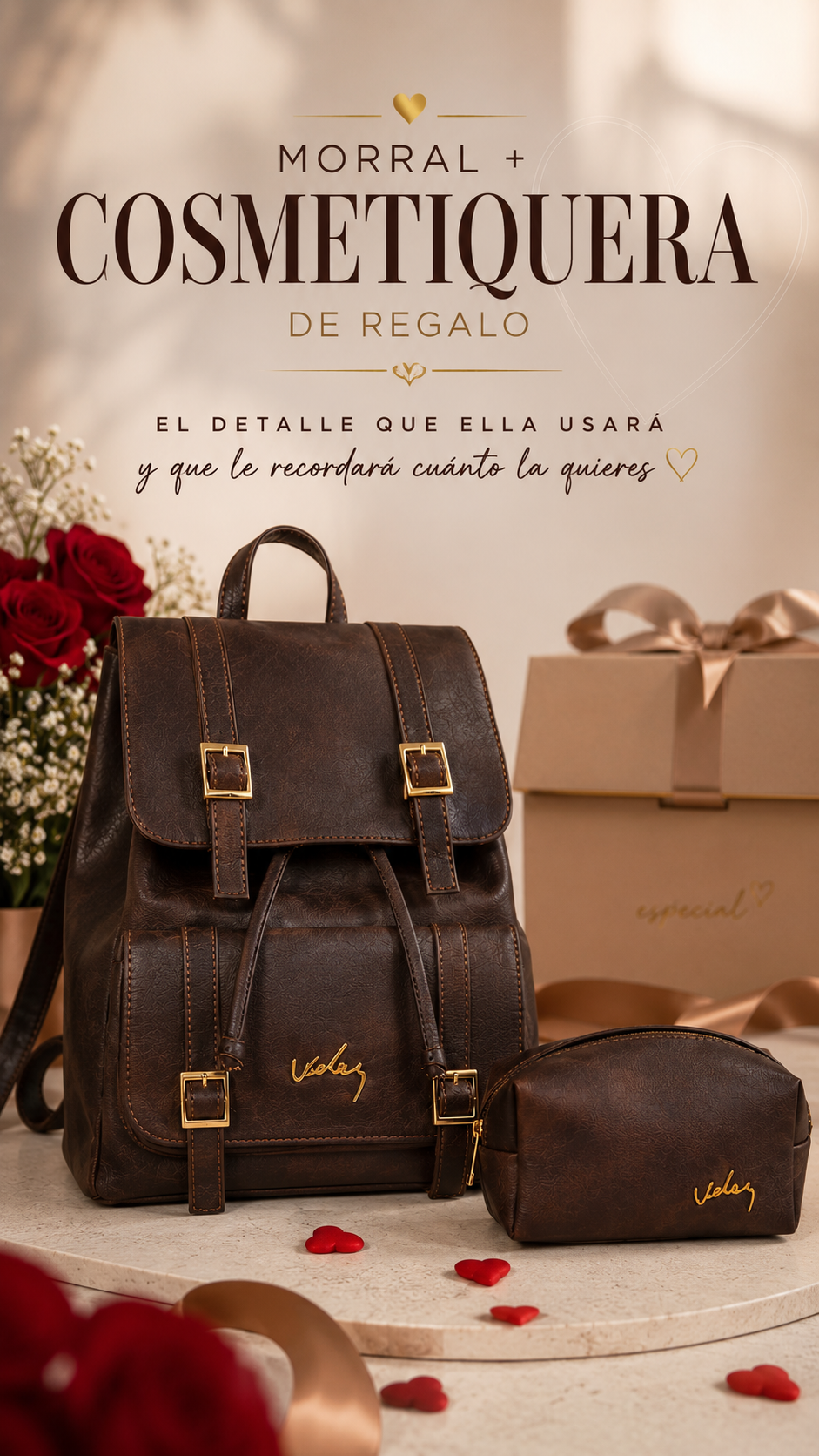 Morral 100% en cuero + cosmetiquera de regalo
