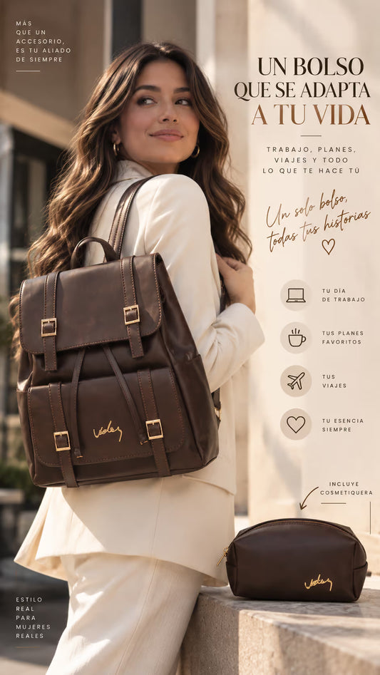 Morral 100% en cuero + cosmetiquera de regalo